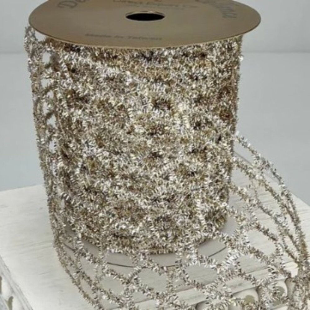 Christmas Platinum Mesh Wired Ribbon 4" NEW